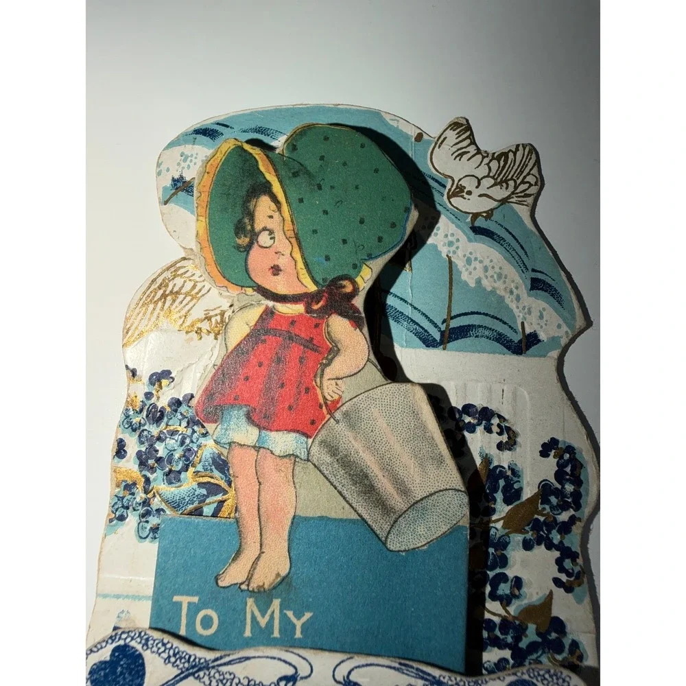 VTG Valentine Card Blue Girl with Pail Mechanical Pop Up Ephemera Junk Journal
